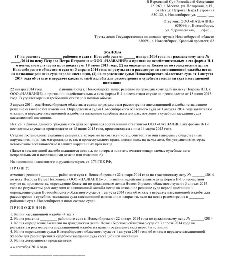 Образец жалоба председателю верховного суда рф по гражданскому делу образец